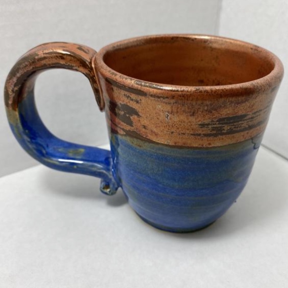 Handmade Copper & Blue Coffee Mug w/ Large Handle